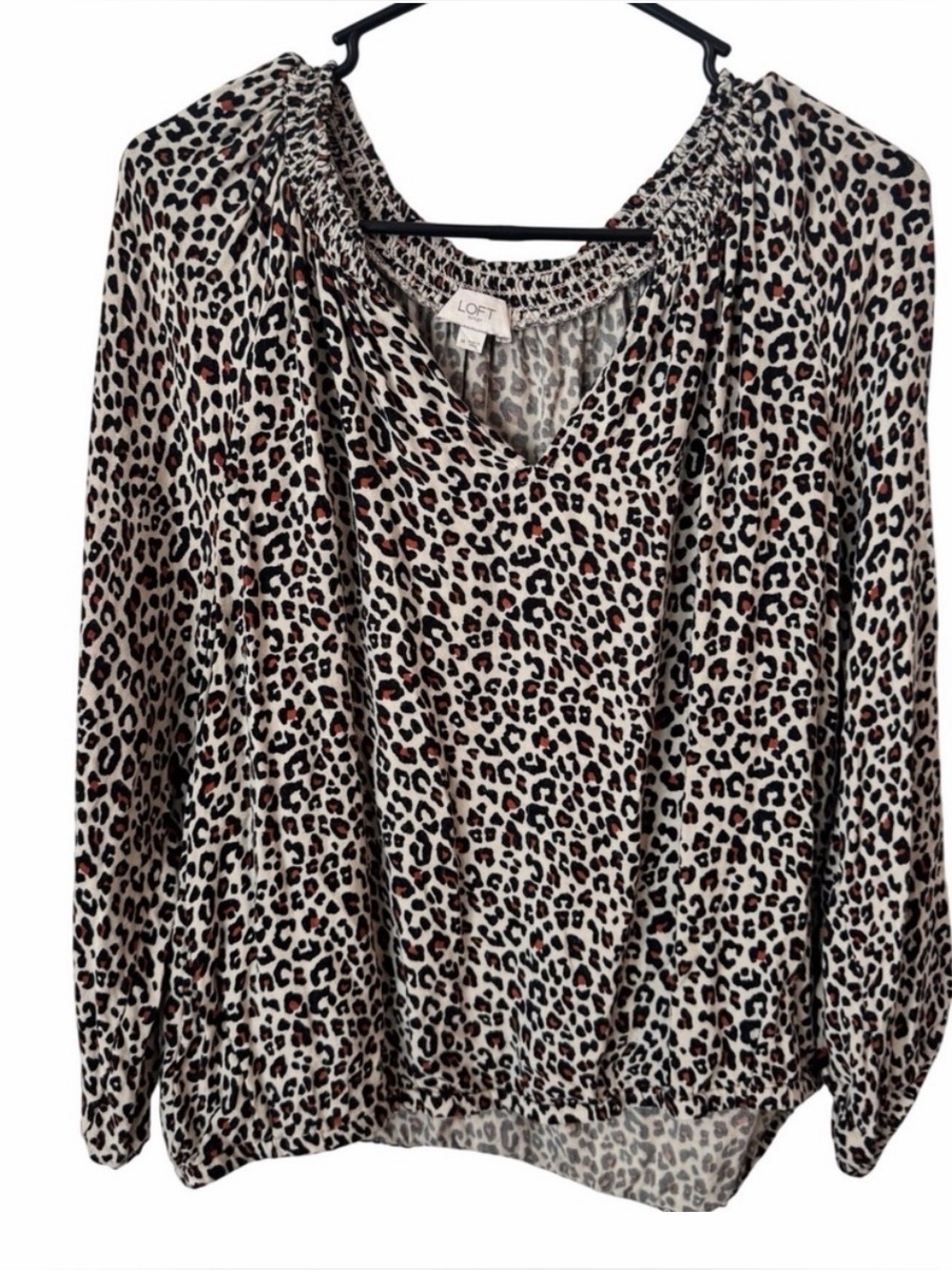 Loft Outlet Leopard Print Smocked V-Neck Long Sleeve Blouse Brown Cream M